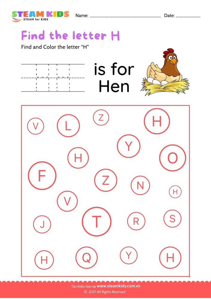 Bài tập tiếng anh - Find and Color letter H