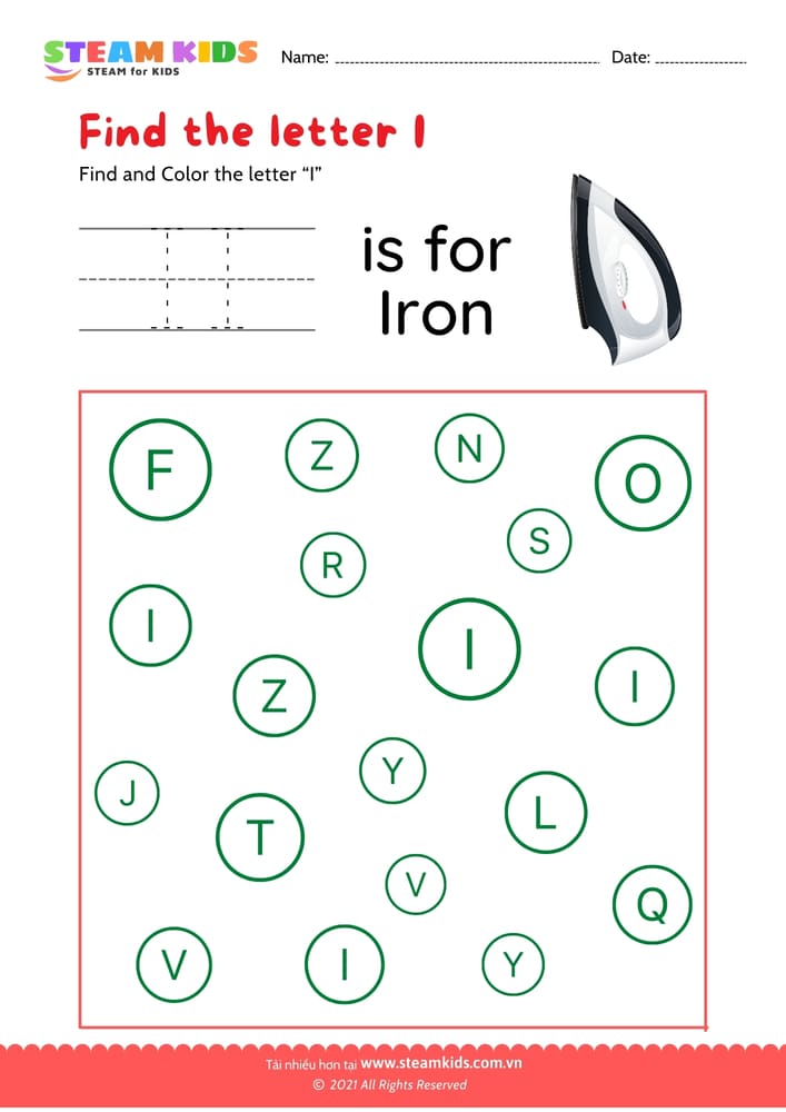 Bài tập tiếng anh - Find and Color letter I