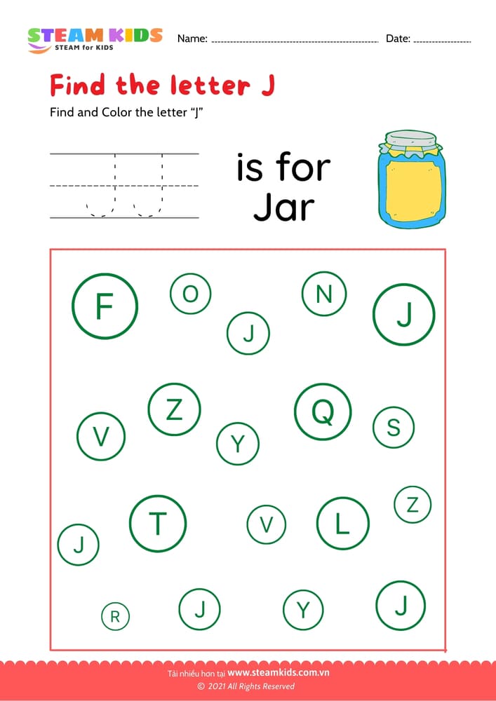 Bài tập tiếng anh - Find and Color letter J