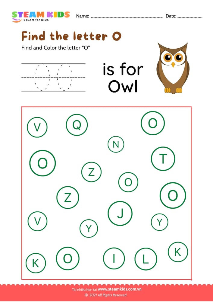 Bài tập tiếng anh - Find and Color letter O