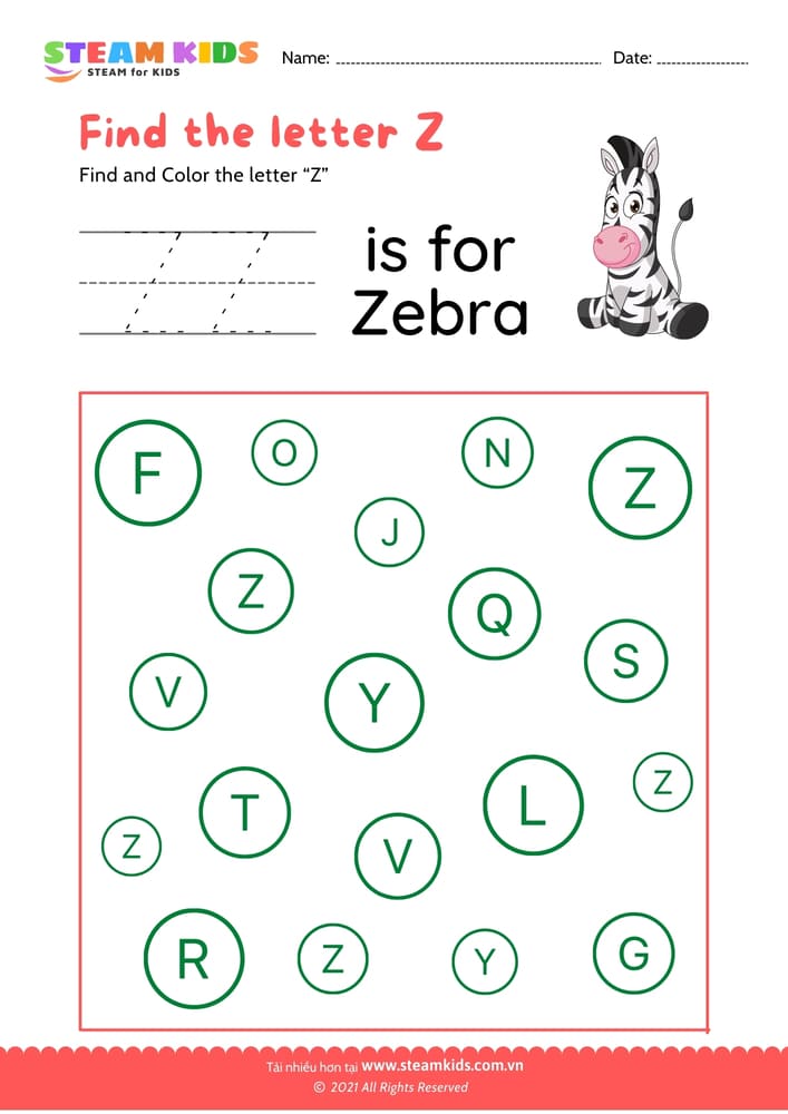 Bài tập tiếng anh - Find and Color letter Z