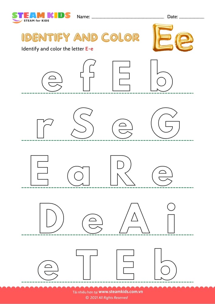 Bài tập tiếng anh - Find and Color letter E/e