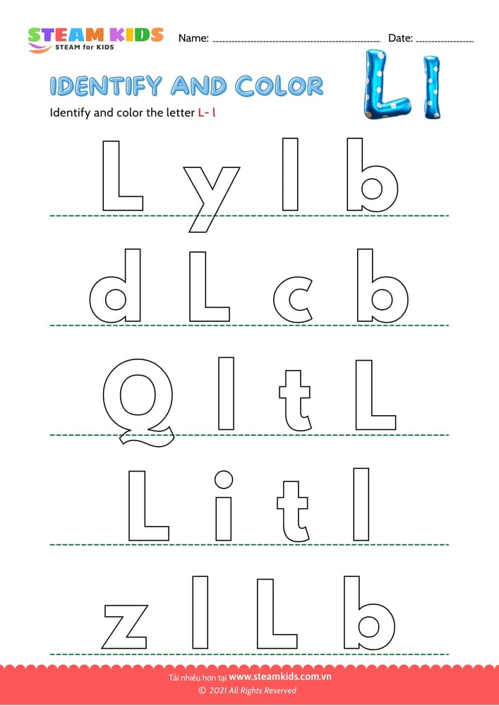 Bài tập tiếng anh - Find and Color letter L/l