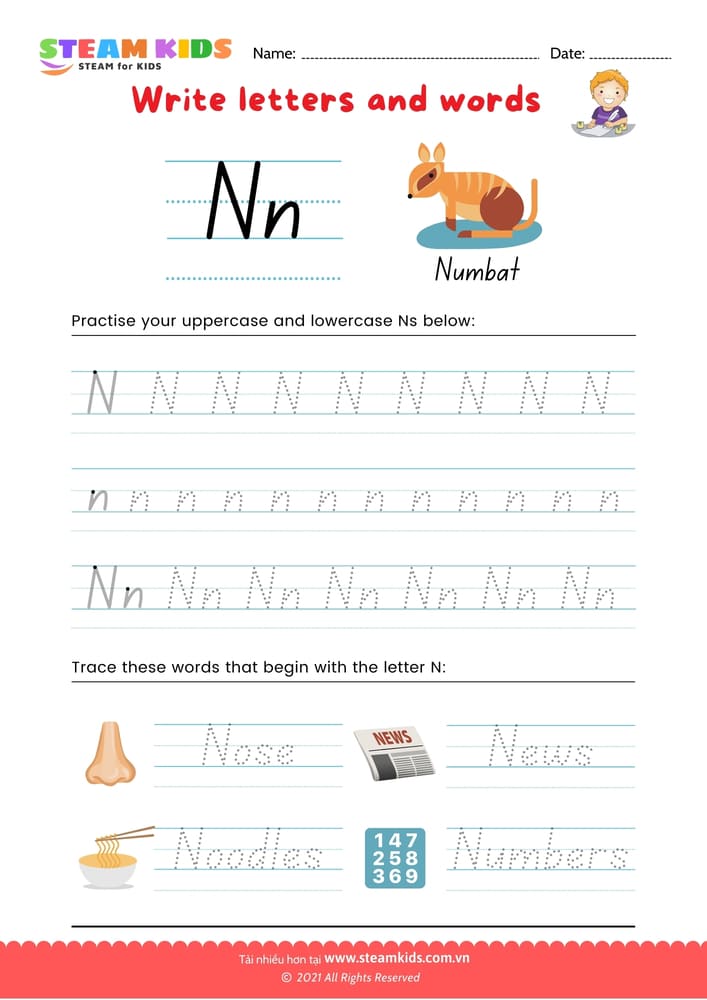 Bài tập tiếng anh - Write letters and words -  N/n
