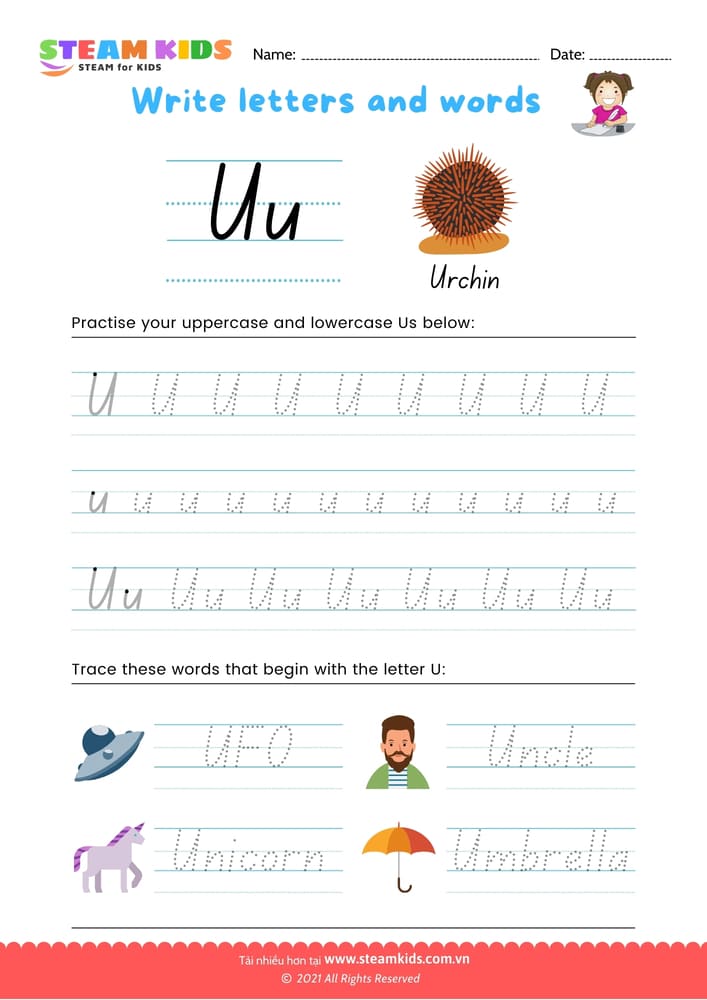 Bài tập tiếng anh - Write letters and words -  U/u