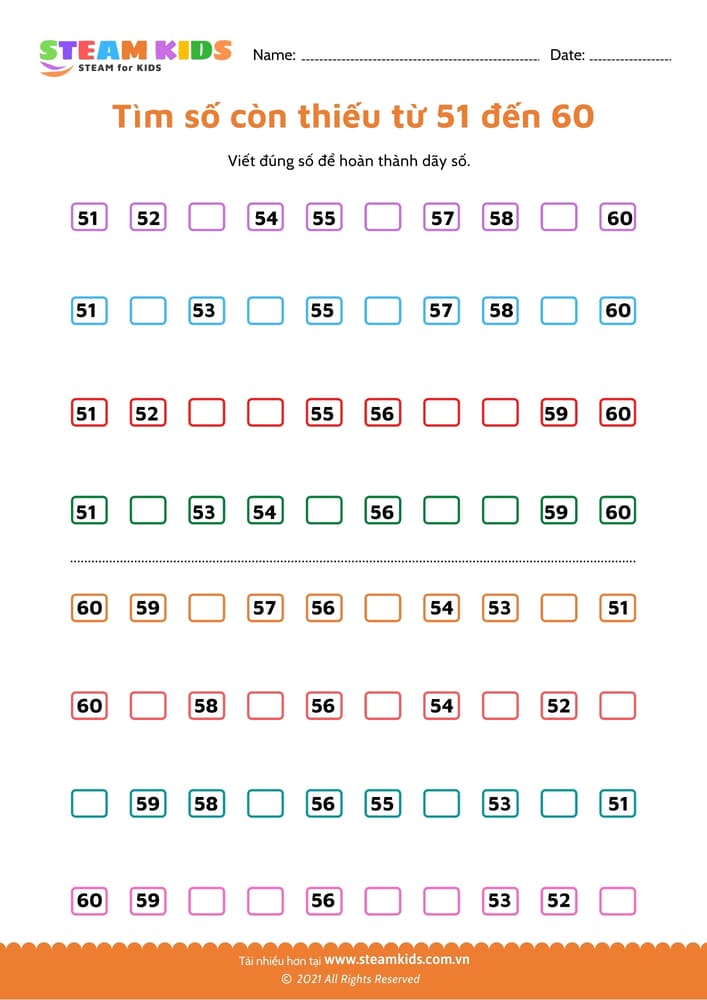 Bài tập toán tư duy - Tìm số còn thiếu từ 51 - 61