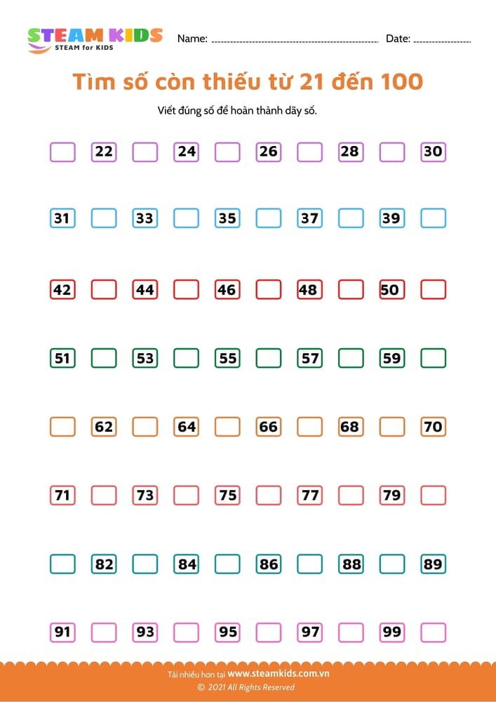 Bài tập toán tư duy - Tìm số còn thiếu từ 21 - 101