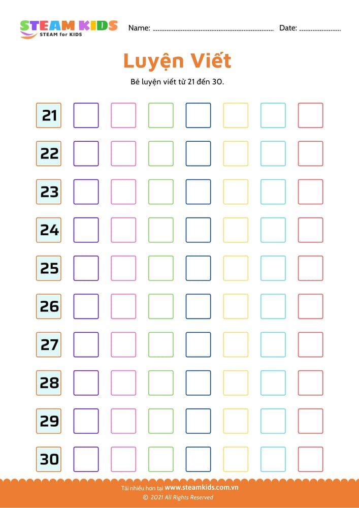 Bài tập toán tư duy - Luyện viết từ 21 đến 31