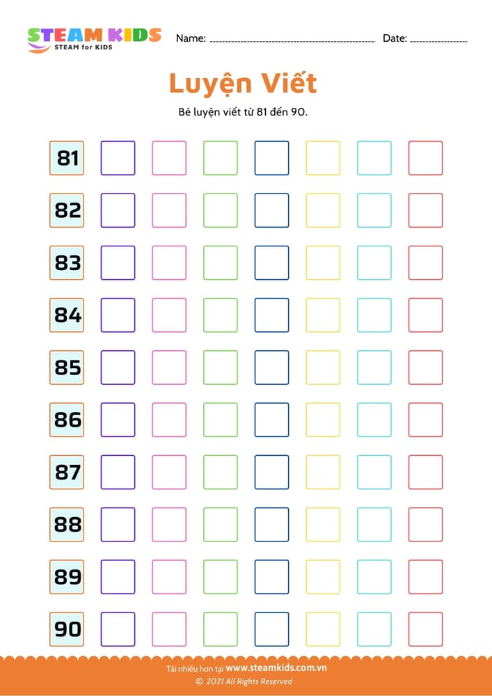 Bài tập toán tư duy - Luyện viết từ 81 đến 91