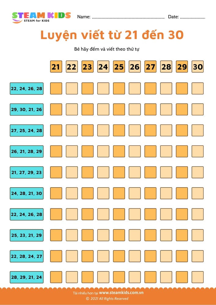 Bài tập toán tư duy - Đếm và viết số từ 21 - 31