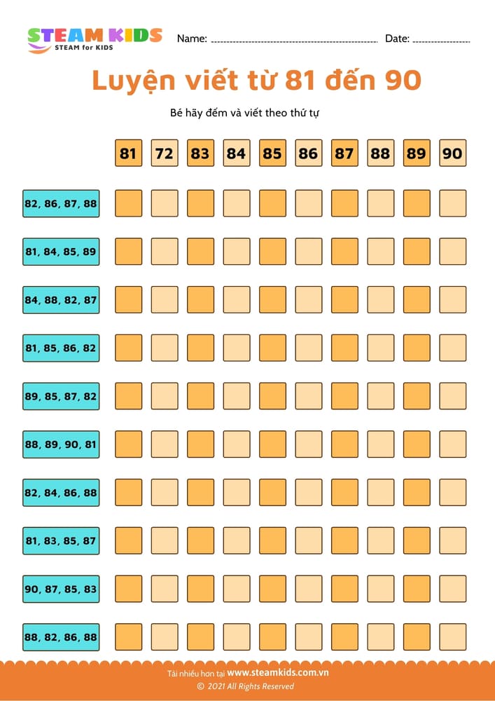 Bài tập toán tư duy - Đếm và viết số từ 81 - 91