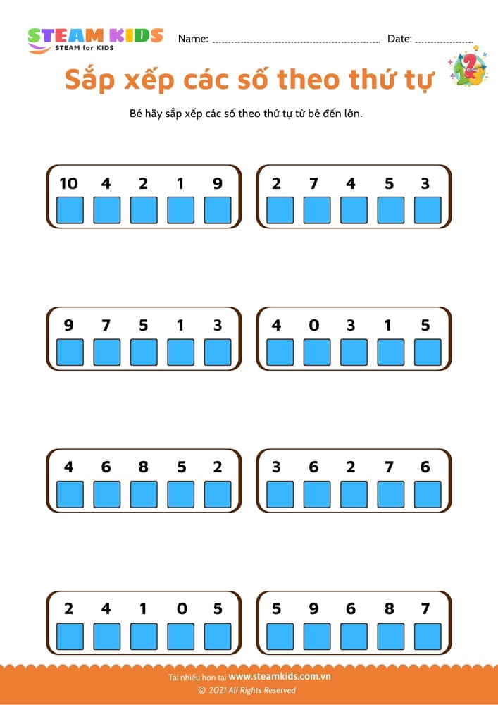 Bài tập toán tư duy - Sắp xếp số theo thứ tự - B1