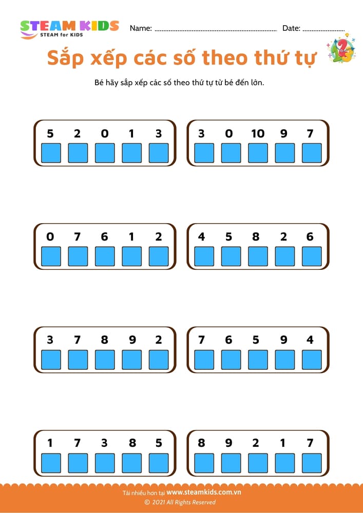 Bài tập toán tư duy - Sắp xếp số theo thứ tự - B2