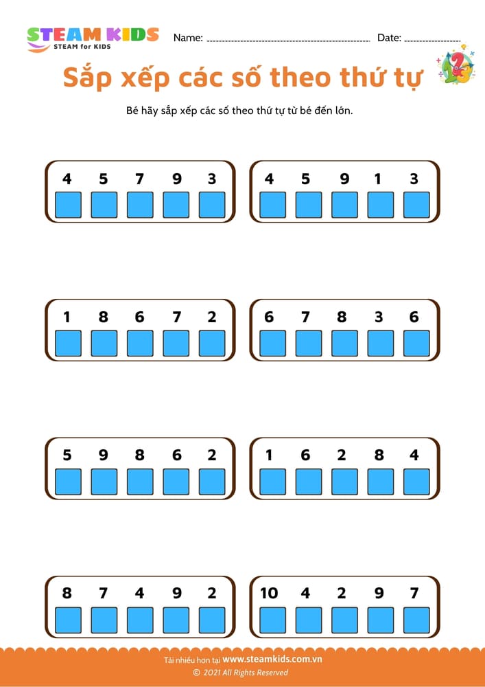 Bài tập toán tư duy - Sắp xếp số theo thứ tự - B3