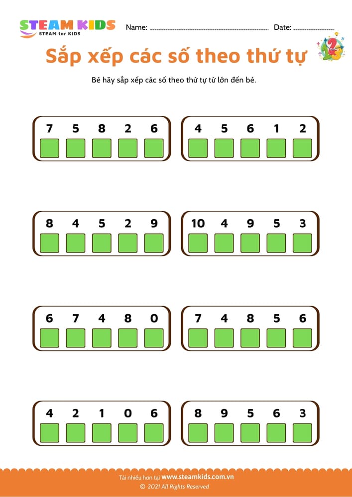 Bài tập toán tư duy - Sắp xếp số theo thứ tự - B10