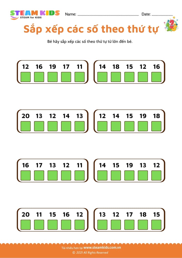 Bài tập toán tư duy - Sắp xếp số theo thứ tự - B13