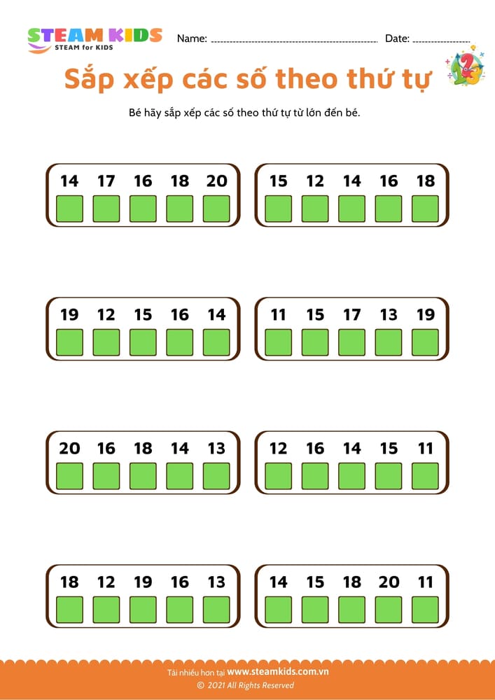 Bài tập toán tư duy - Sắp xếp số theo thứ tự - B14
