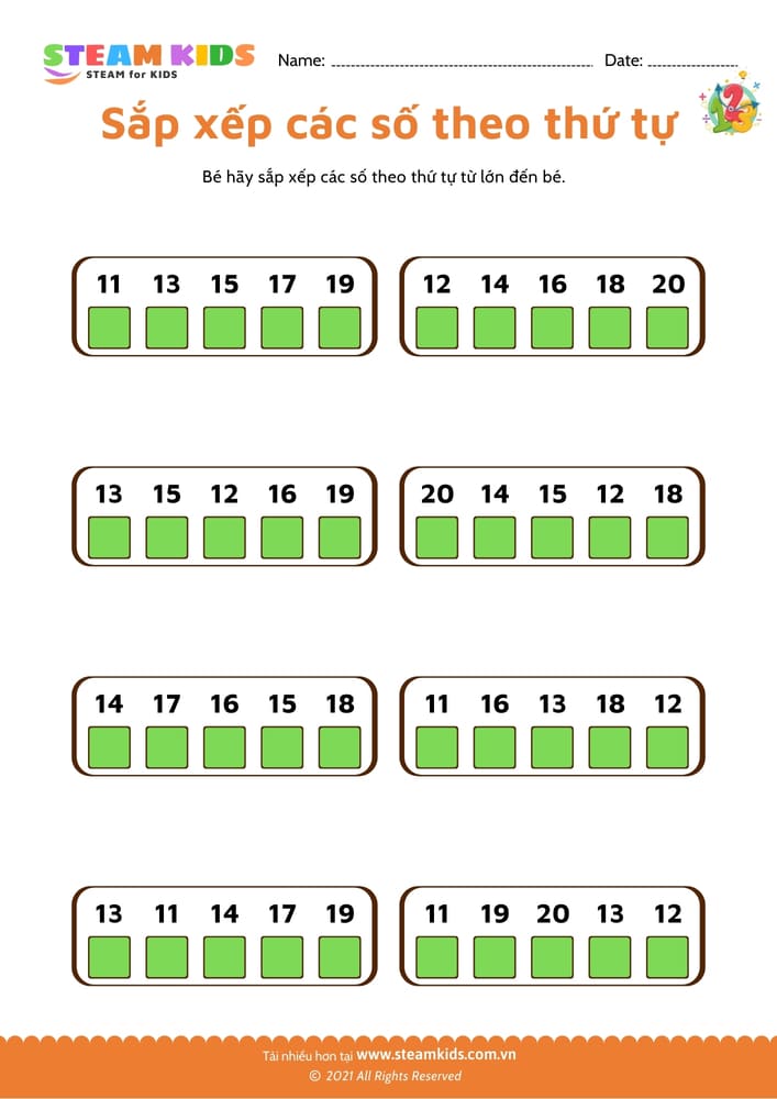 Bài tập toán tư duy - Sắp xếp số theo thứ tự - B15