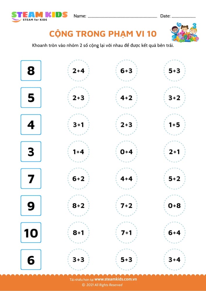 Bài tập toán tư duy - Cộng trong phạm vi 10 (3)