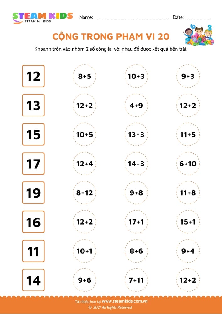 Bài tập toán tư duy - Cộng trong phạm vi 20 (1)
