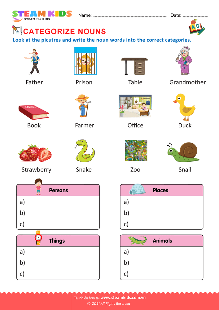 Bài tập tiếng anh - Categorize nouns - B4