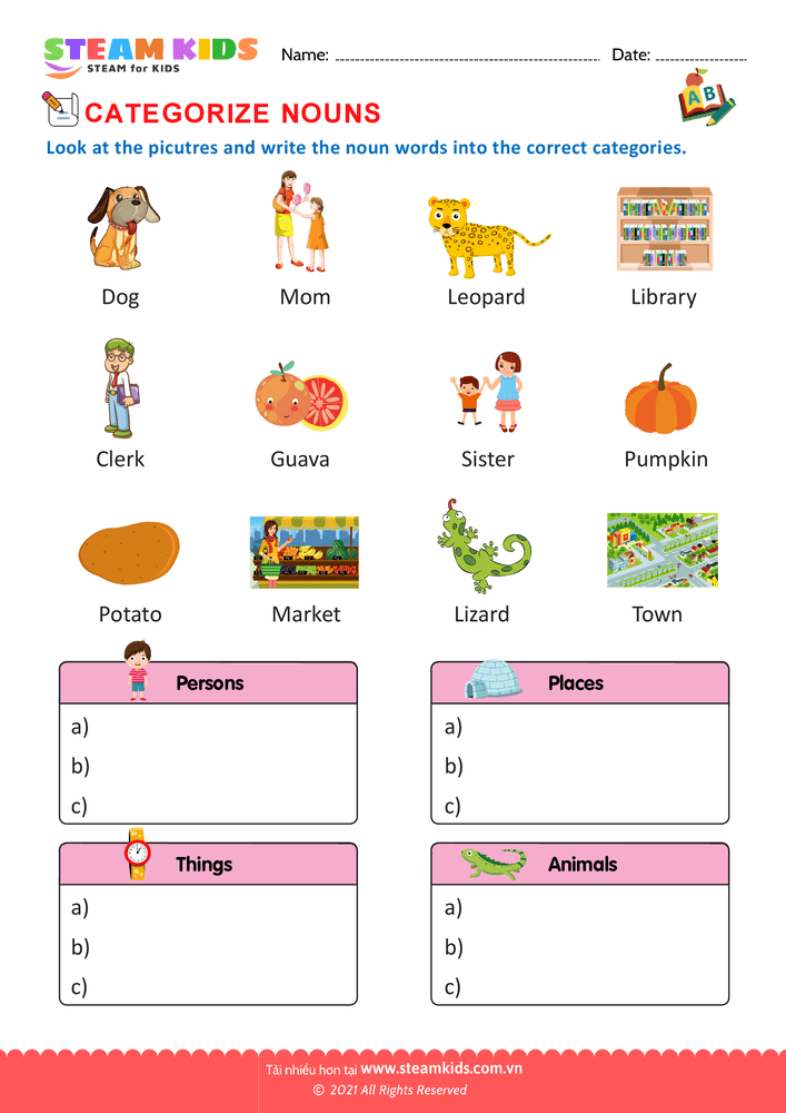 Bài tập tiếng anh - Categorize nouns - B6