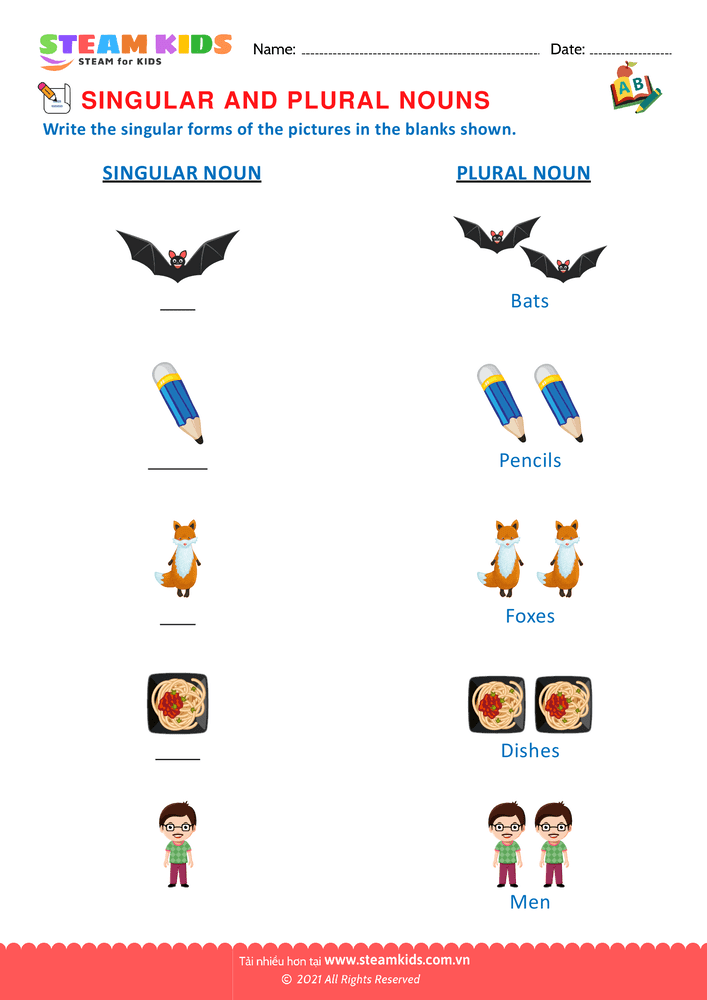 Bài tập tiếng anh - Singular and Plural Nouns - B6