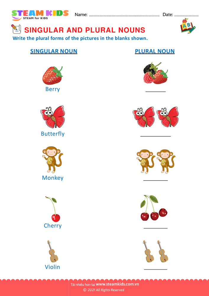 Bài tập tiếng anh - Singular and Plural Nouns - B8