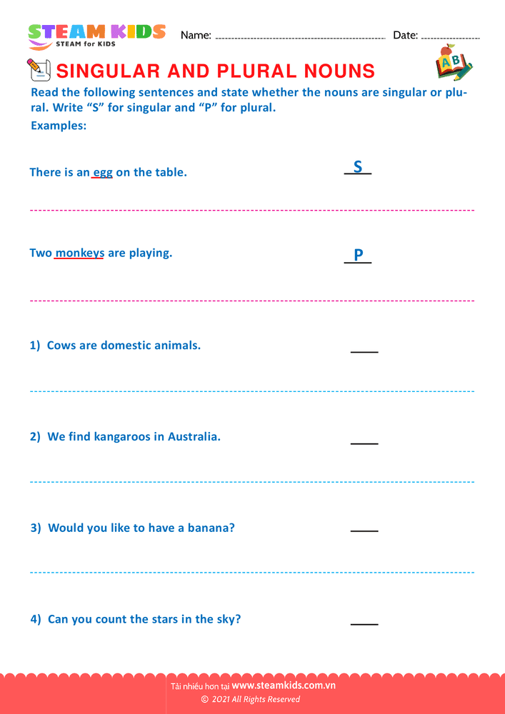 Bài tập tiếng anh - Singular and Plural Nouns - B21