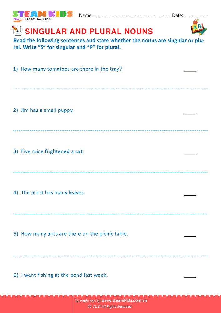 Bài tập tiếng anh - Singular and Plural Nouns - B12