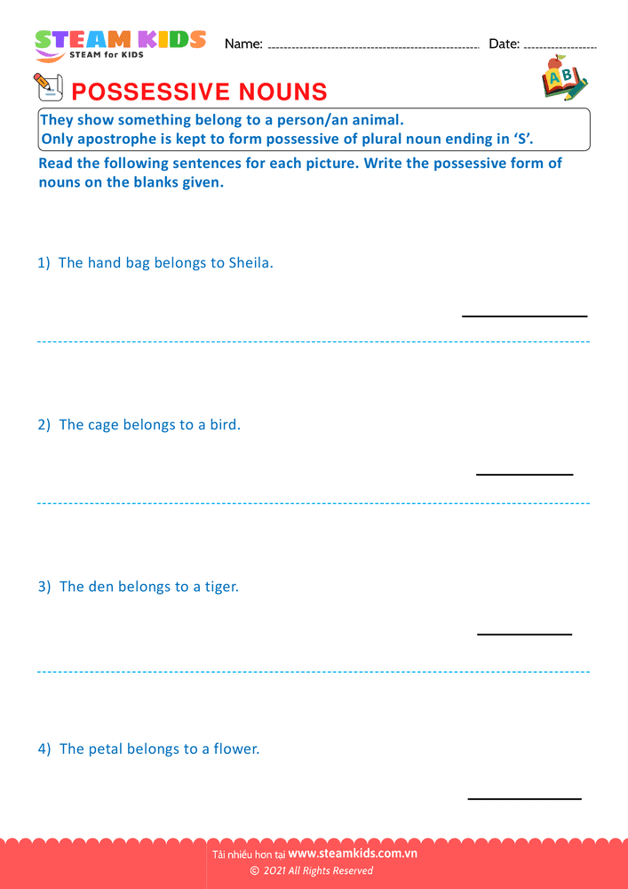Bài tập tiếng anh - Possessive nouns - B4