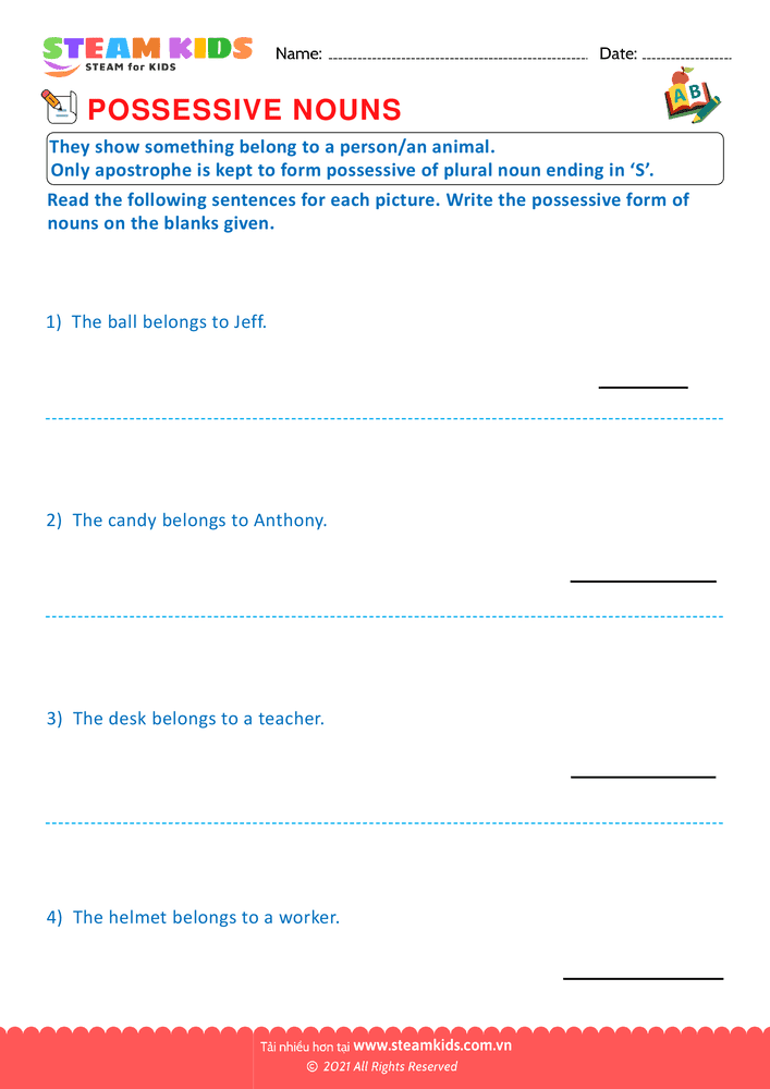Bài tập tiếng anh - Possessive nouns - B5