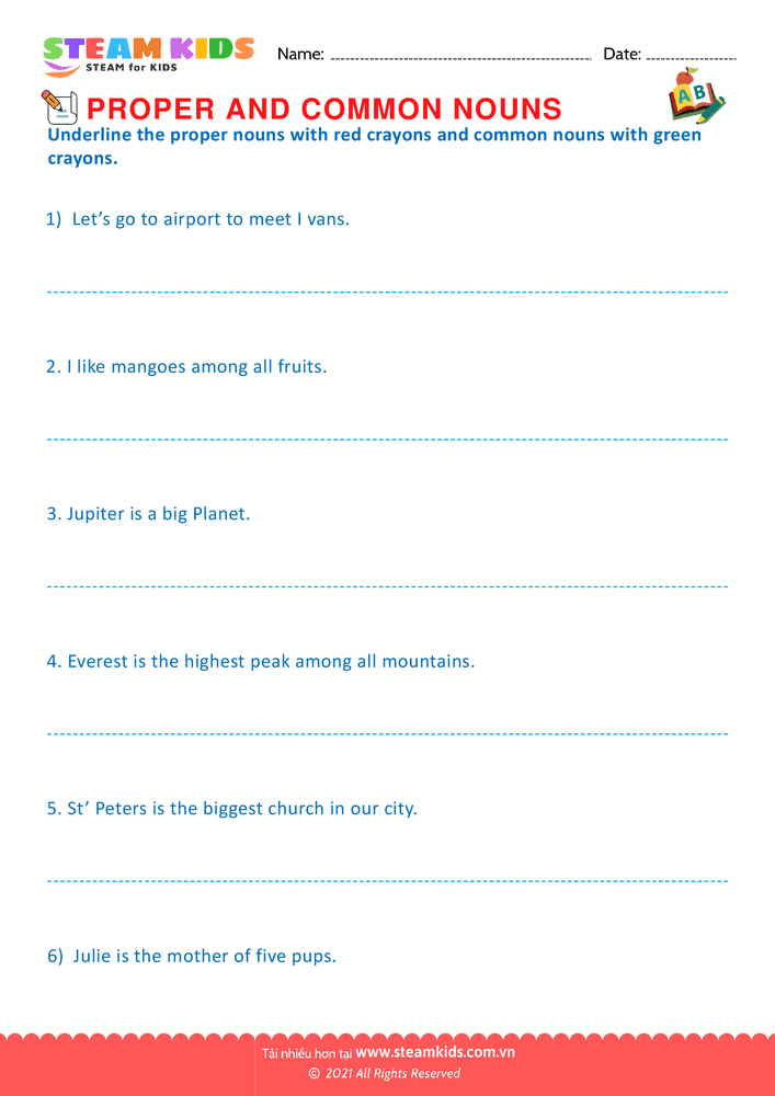 Bài tập tiếng anh - Proper And Common Nouns - B3