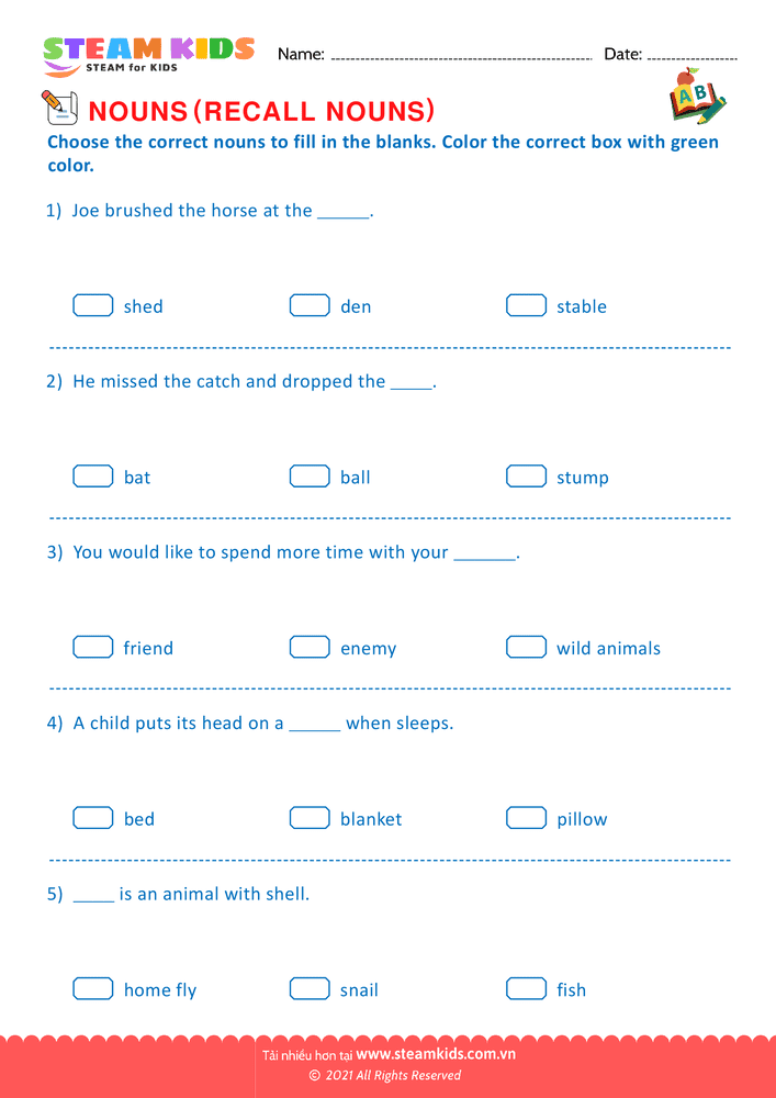 Bài tập tiếng anh - Recall nouns - B13