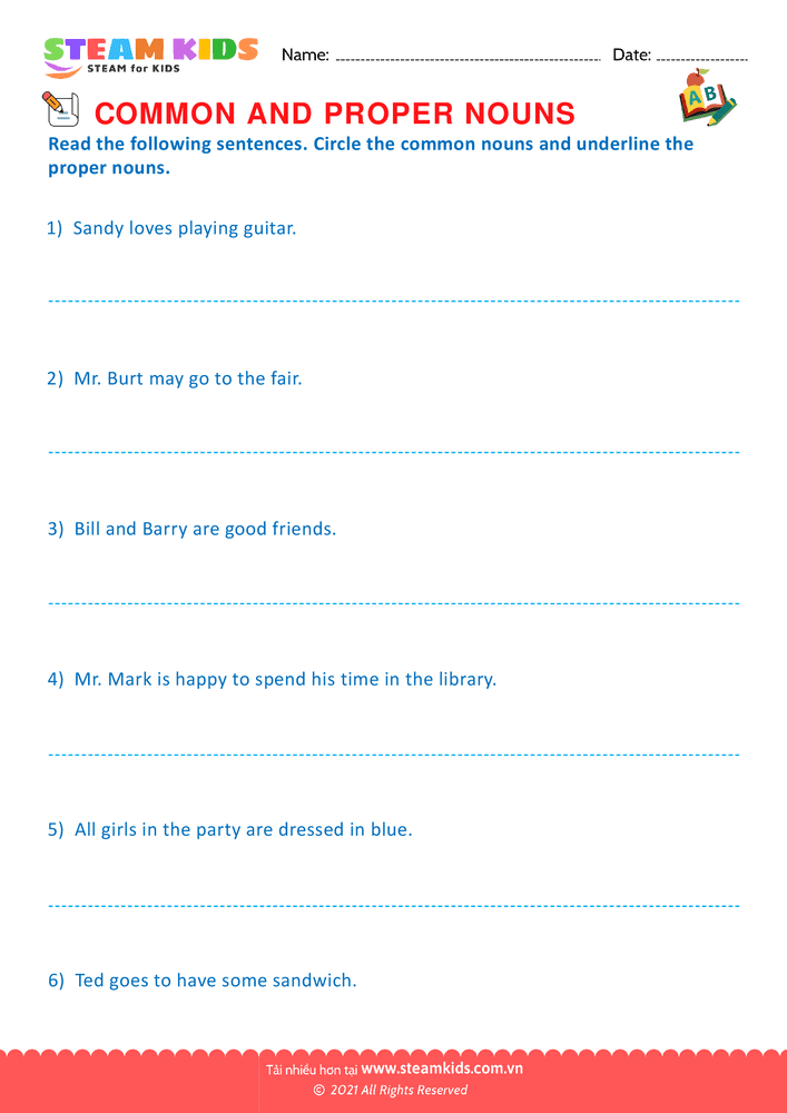Bài tập tiếng anh - Proper and Common Nouns - B6