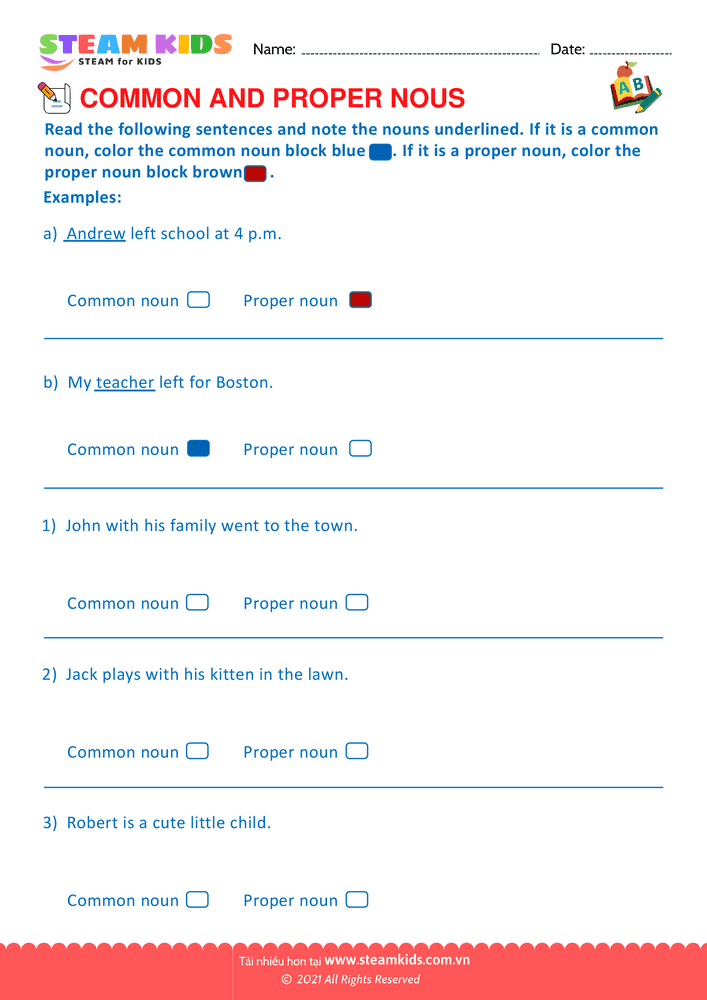 Bài Tập Tiếng Anh - Proper And Common Nouns - B9 - STEAM KIDS