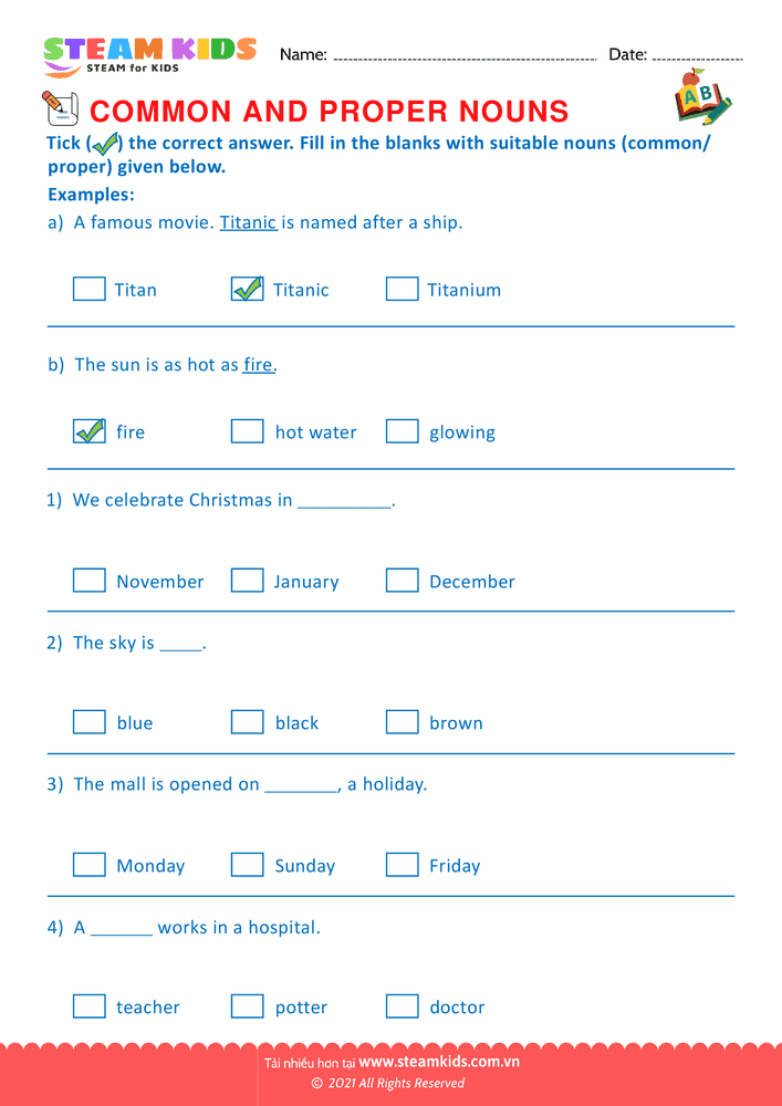 Bài tập tiếng anh - Proper and Common Nouns - B14