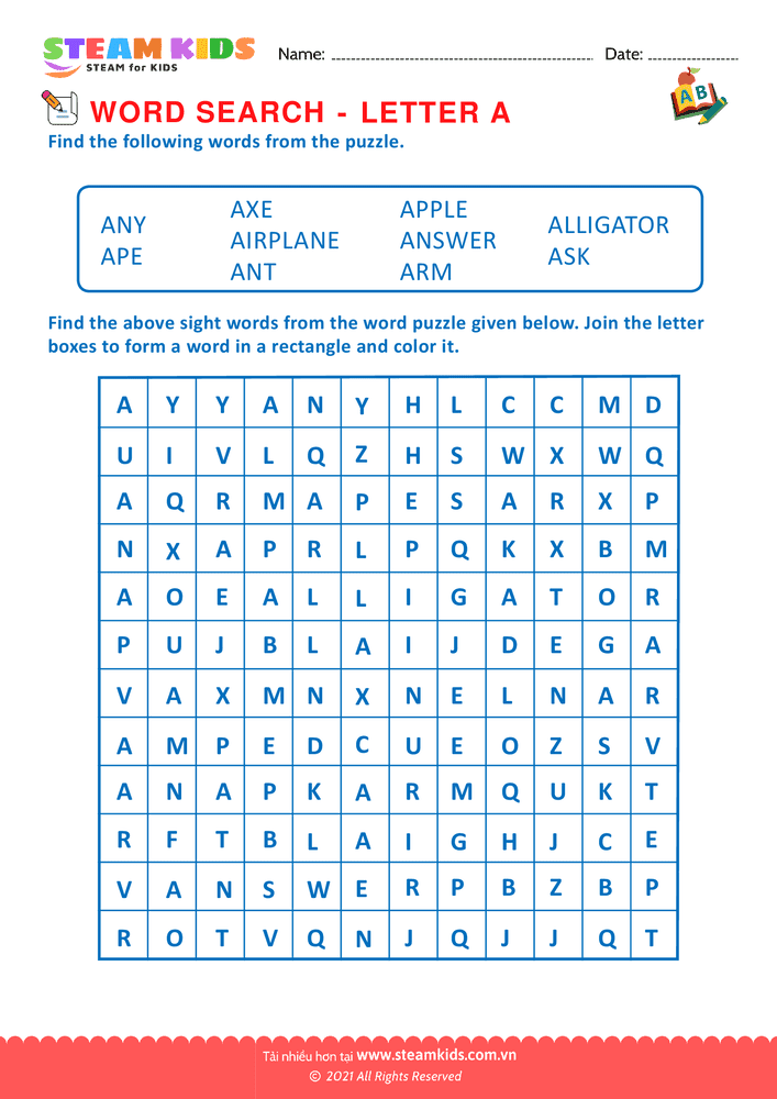 Bài tập tiếng anh - Word Search - BLetter A