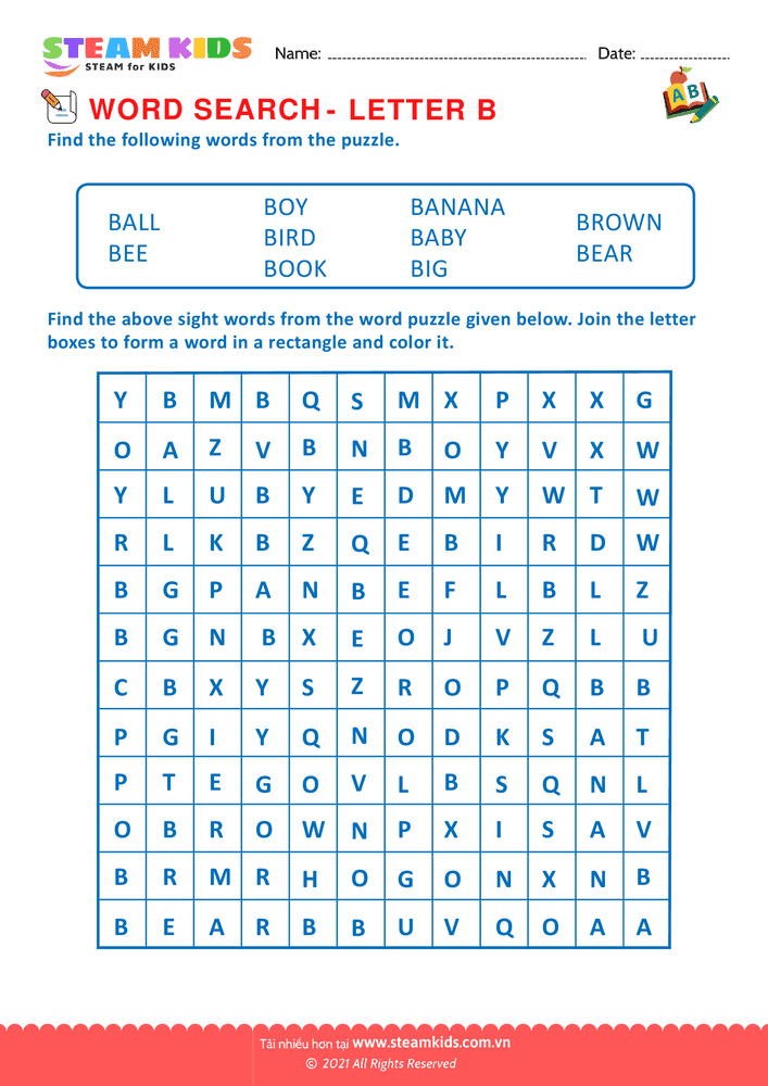 Bài tập tiếng anh - Word Search - BLetter B
