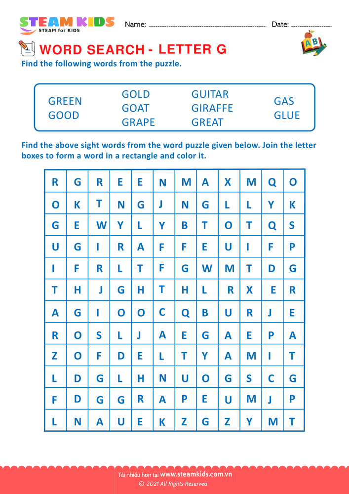 Bài tập tiếng anh - Word Search - BLetter G