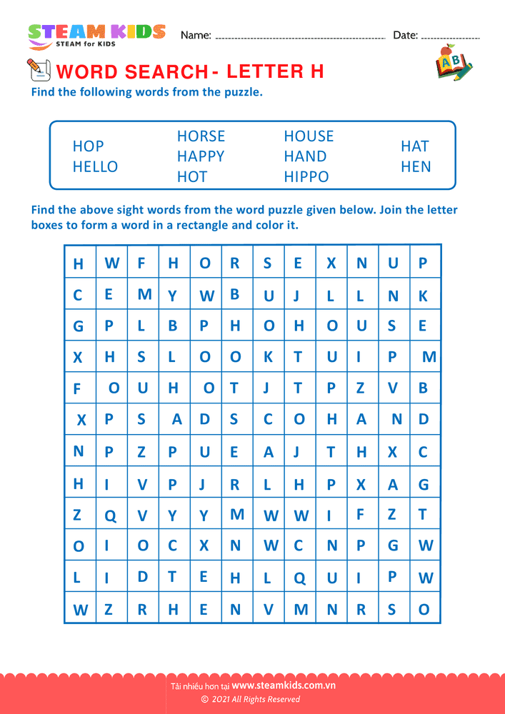 Bài tập tiếng anh - Word Search - BLetter H