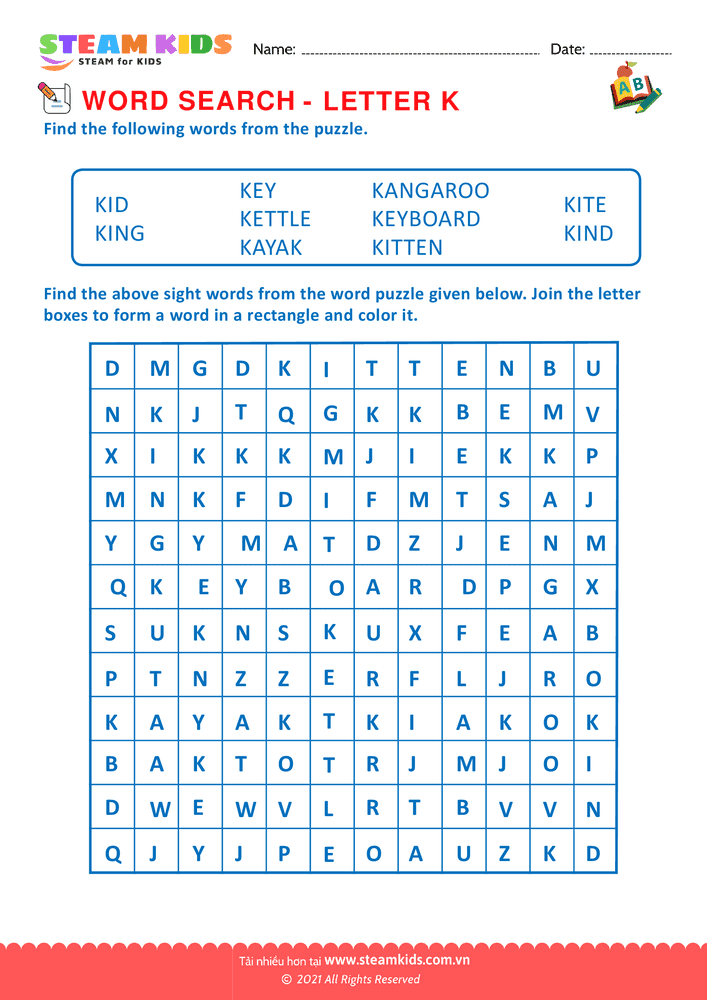 Bài tập tiếng anh - Word Search - BLetter K
