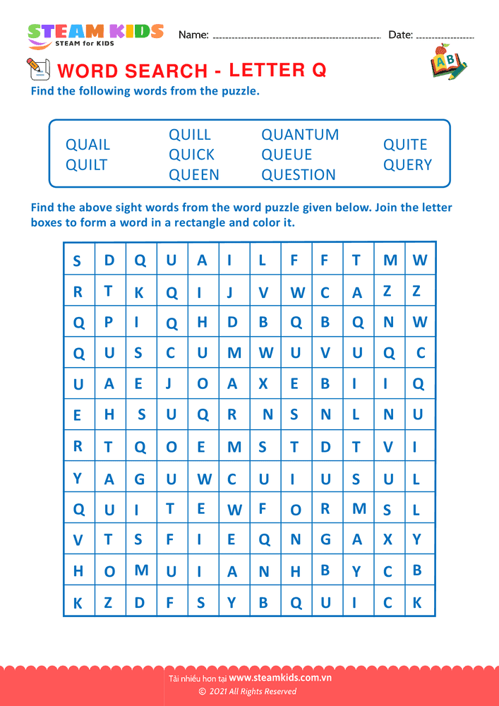 Bài tập tiếng anh - Word Search - BLetter Q