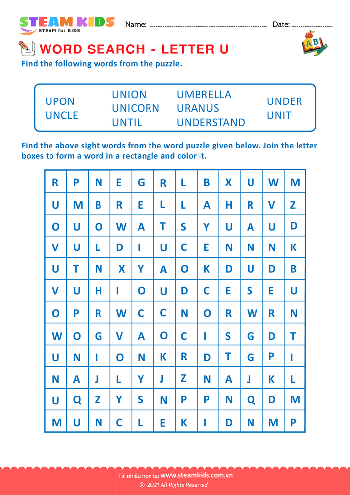 Bài tập tiếng anh - Word Search - BLetter U