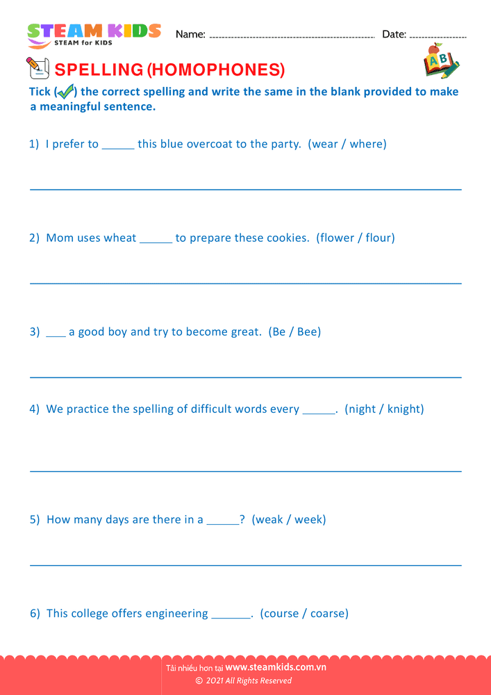 Bài tập tiếng anh - Spellings Homophones G2 - B5