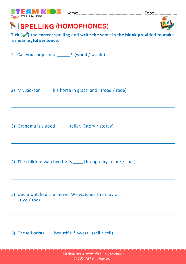 Bài tập tiếng anh - Spellings Homophones G2 - B6