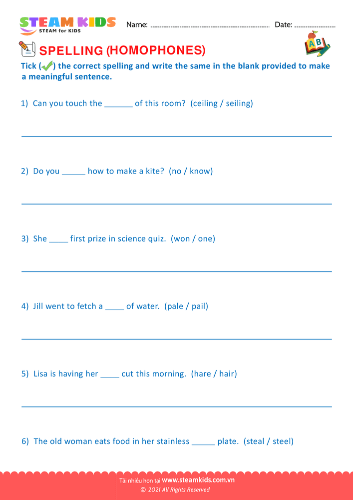 Bài tập tiếng anh - Spellings Homophones G2 - B17