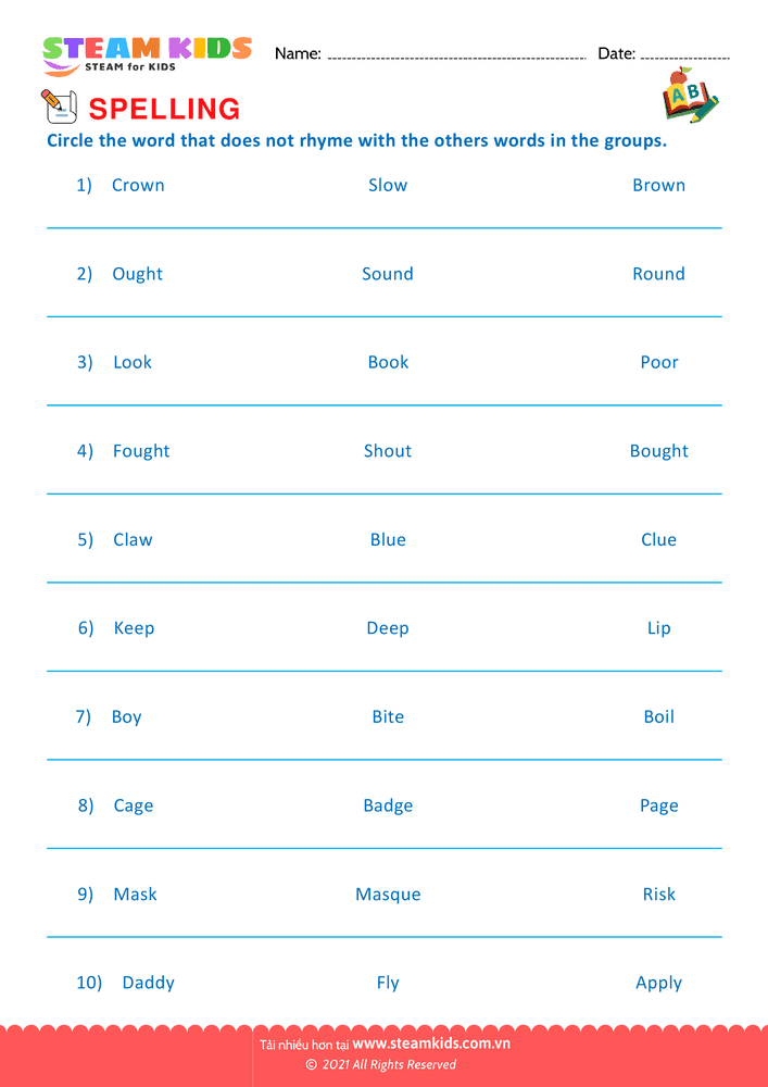 Bài tập tiếng anh - Spellings - BRhyming Words - B2