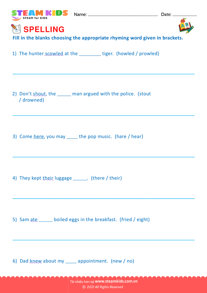 Bài tập tiếng anh - Spellings - BRhyming Words - B6