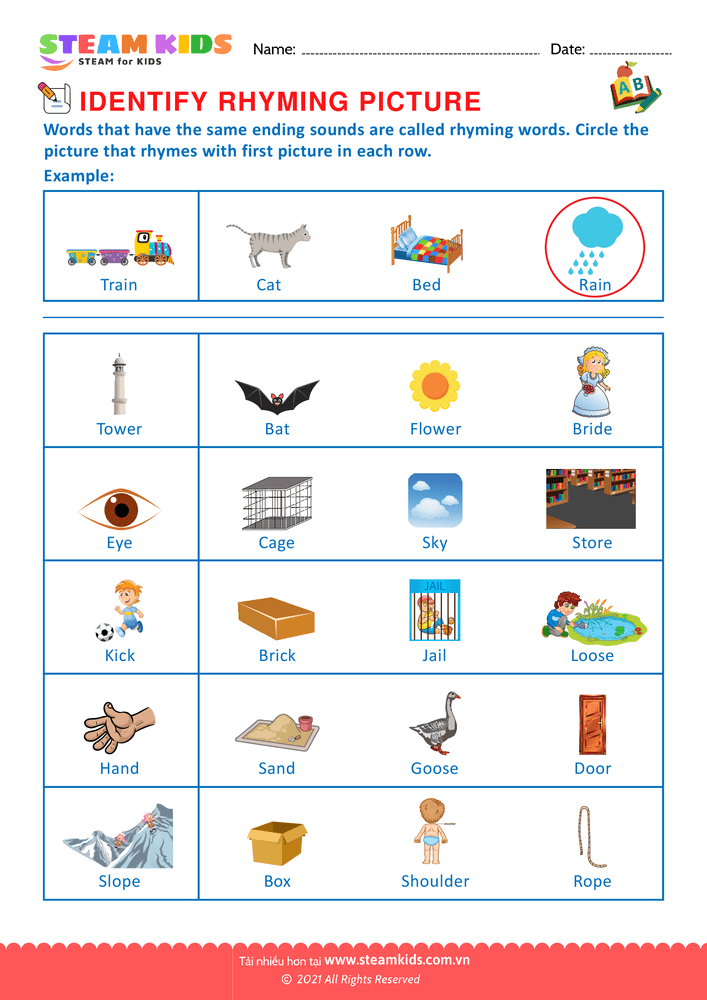 Bài tập tiếng anh - Identify Rhuming picture - B2
